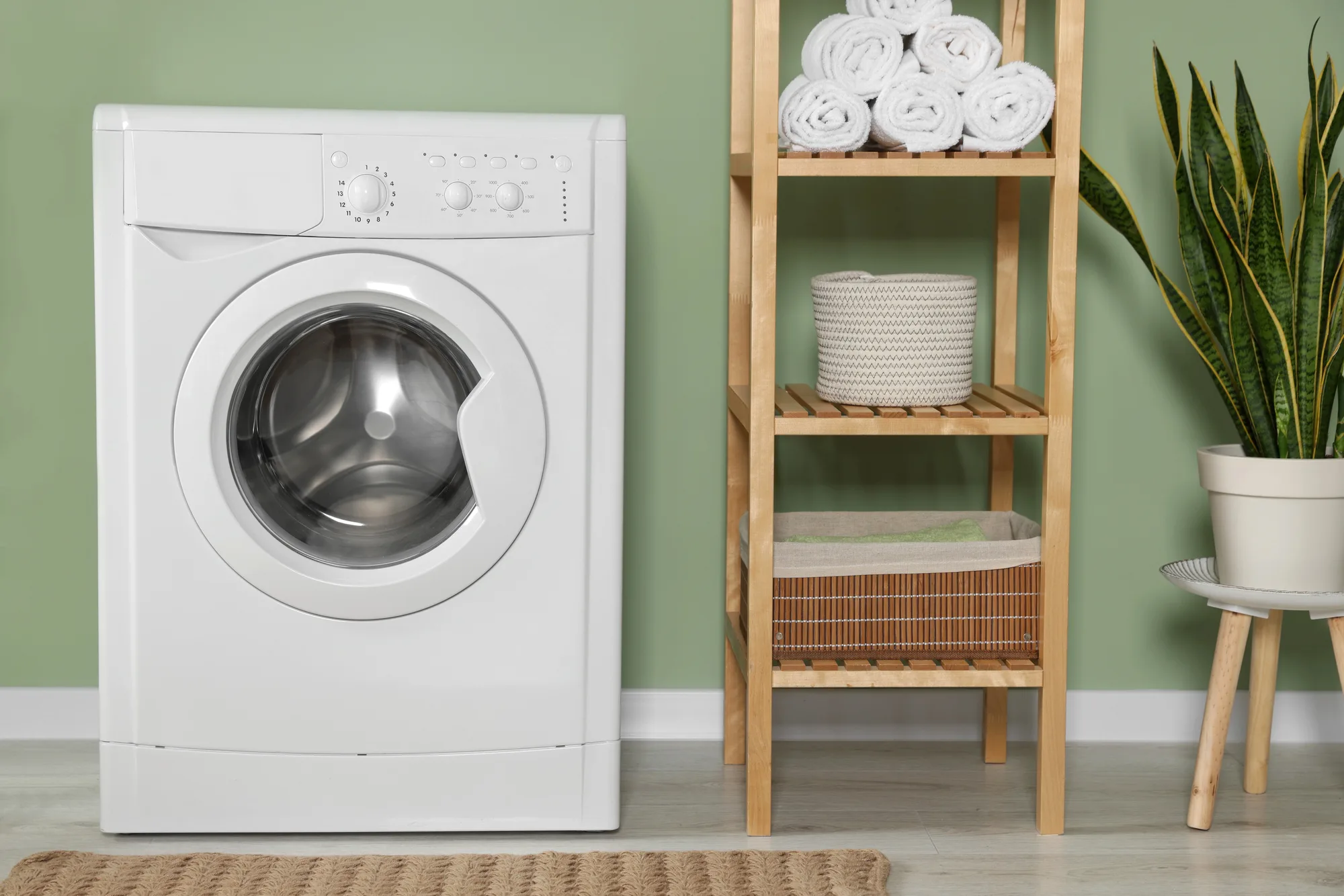 Renovated laundry with front loader washing machine and open timber shelving